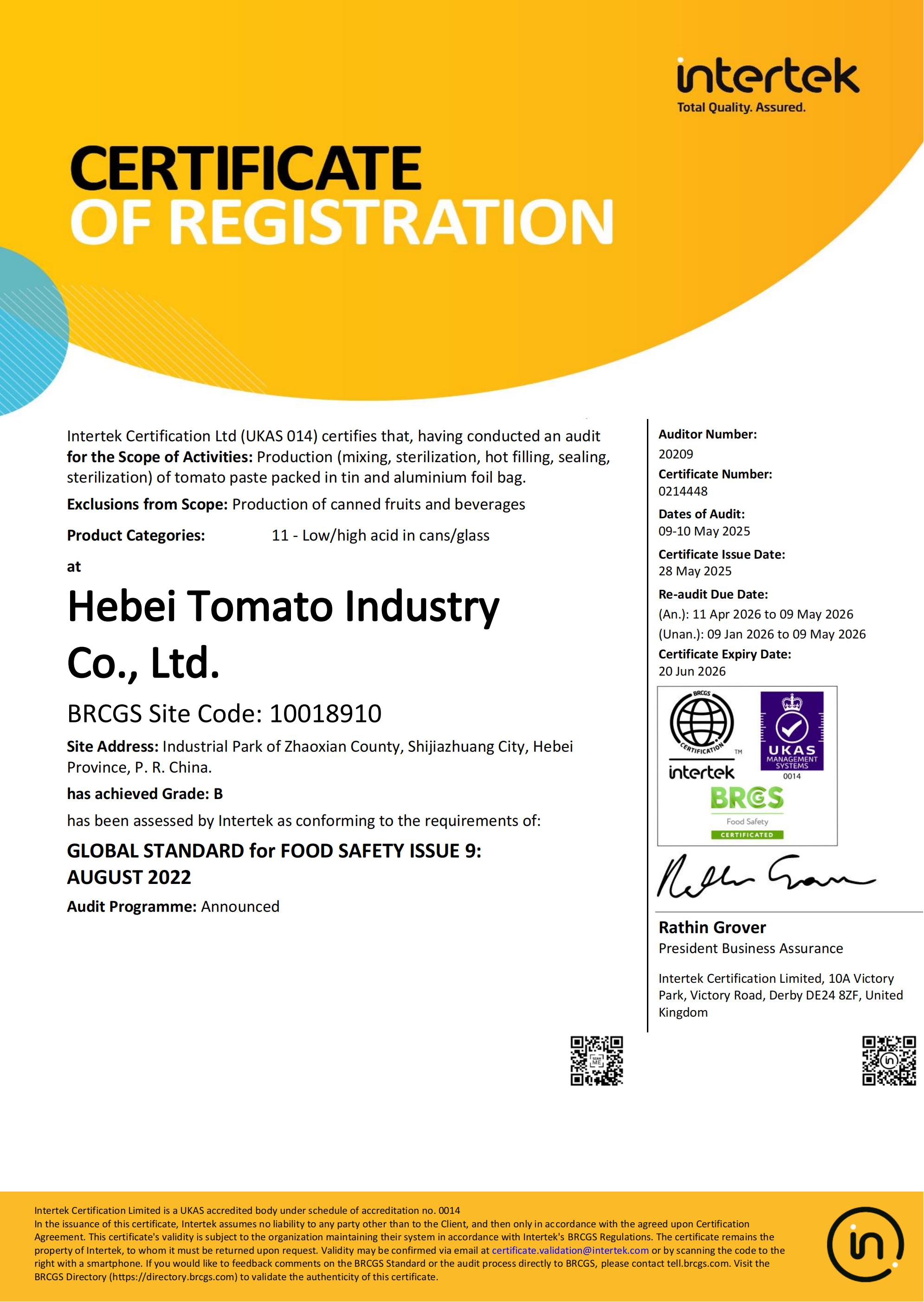 BRC CERTIFICATE OF REGISTRATION